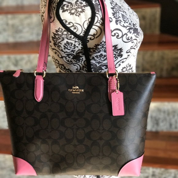 Coach Handbags - Coach signature coated brown pvc pink leather tote